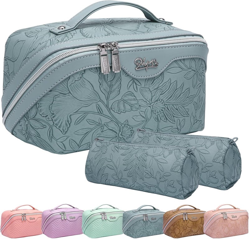 BOYATU Travel Makeup Bags Cosmetic Organizer Bag: 3-Set Large Capacity Make up Bag - PU Leather Toiletry Bags for Women - Wide Open Portable Pouch with Divider & Handle (01-Light Blue) - Image 1